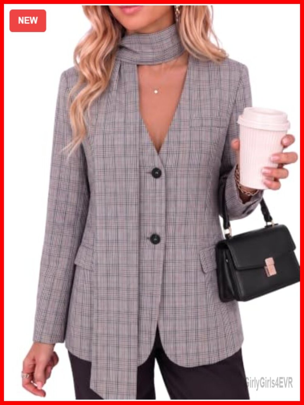 Plaid V Neck Button Down Blazer Suit Jacket with Scarf Business Casual Fitted